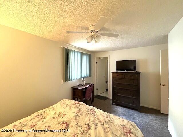 204 W 12th St, Craig, CO 81625 - bedroom featuring a textured ceiling, dark colored carpet, and a ceiling fan