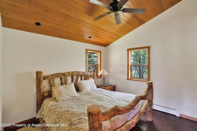 1373 Mclaughlin Ln, Basalt, CO 81621 - bedroom featuring baseboard heating, lofted ceiling, multiple windows, wooden ceiling, and wood finished floors