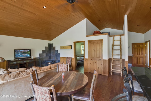 1373 Mclaughlin Ln, Basalt, CO 81621 - dining space featuring wainscoting, wood ceiling, wood finished floors, high vaulted ceiling, and wood walls