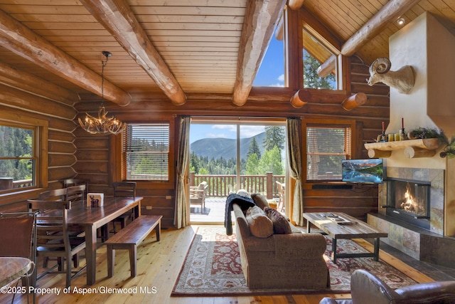 1373 Mclaughlin Ln, Basalt, CO 81621 - living area with rustic walls, wood ceiling with exposed beams, wood-type flooring, a chandelier, and a fireplace