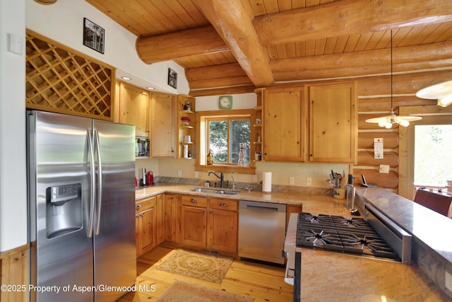 1373 Mclaughlin Ln, Basalt, CO 81621 - kitchen with appliances with stainless steel finishes, wooden ceiling with exposed beams, log walls, a sink, and open shelves