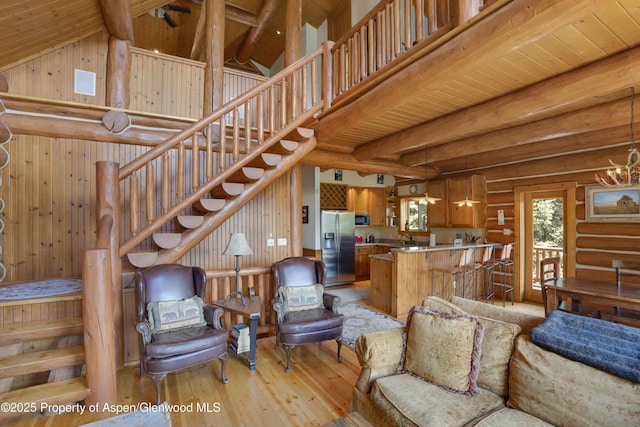 1373 Mclaughlin Ln, Basalt, CO 81621 - living room featuring light wood-style flooring, wooden ceiling, stairway, rustic walls, and wood walls
