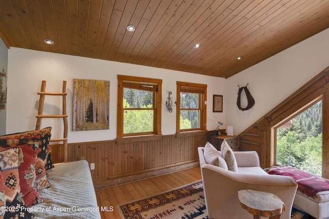 1373 Mclaughlin Ln, Basalt, CO 81621 - living room featuring wainscoting, healthy amount of natural light, recessed lighting, wooden ceiling, and wood walls