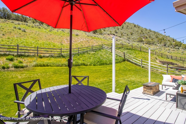 41 Red Cloud Ct, New Castle, CO 81647 - wooden terrace featuring a mountain view, a view of countryside, and a fire pit