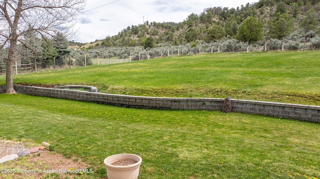 view of yard featuring a mountain view and fence