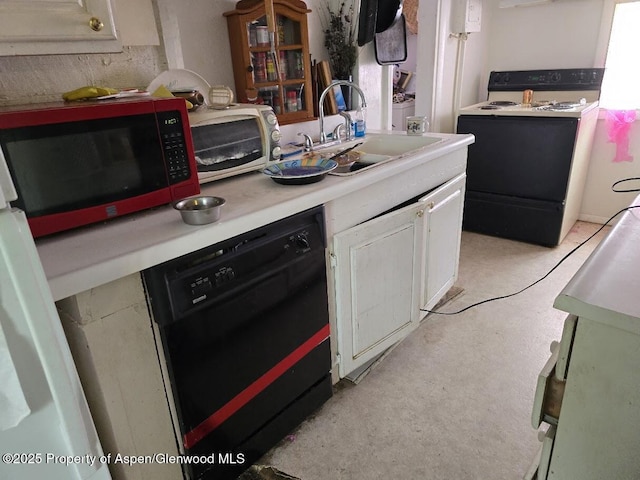 kitchen featuring sink, white cabinetry, electric range oven, and black dishwasher