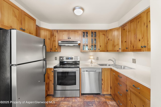 125 E Hyman Ave Unit 1A, Aspen, CO 81611 - kitchen with appliances with stainless steel finishes, under cabinet range hood, light countertops, glass insert cabinets, and brown cabinetry