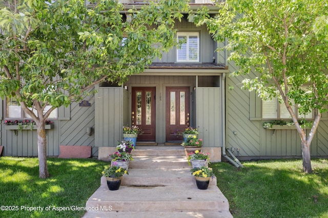 125 E Hyman Ave Unit 1A, Aspen, CO 81611 - property entrance with a yard, french doors, and board and batten siding