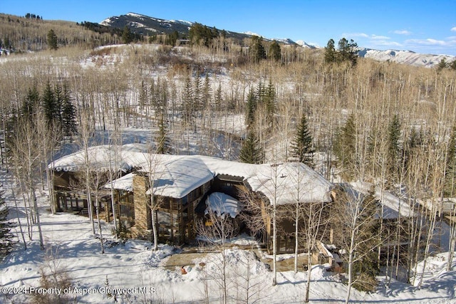 snowy aerial view featuring a mountain view