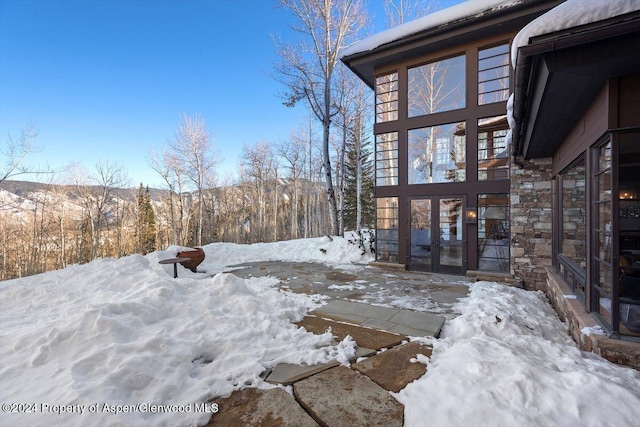 yard covered in snow with french doors