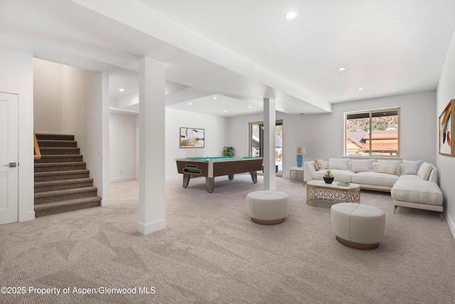 carpeted living room with pool table