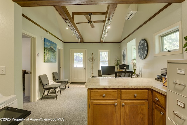 1131 Grand Ave, Glenwood Springs, CO 81601 - kitchen featuring carpet floors, brown cabinets, ceiling fan, lofted ceiling, and light countertops