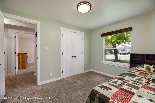 bedroom with carpet flooring, a closet, and baseboards