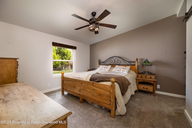 bedroom with baseboards, a ceiling fan, and carpet flooring