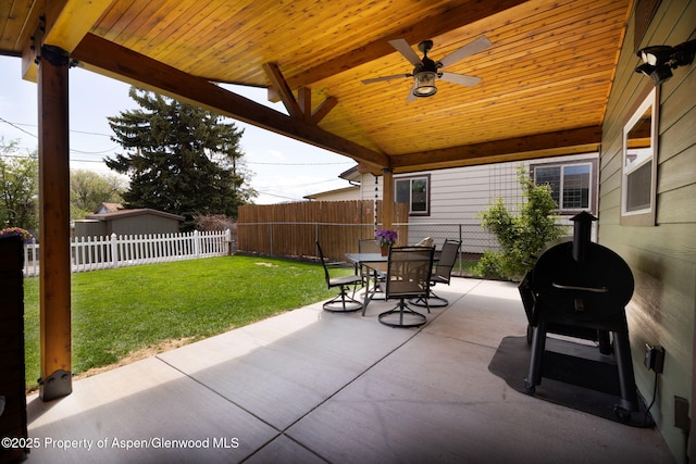 view of patio / terrace with outdoor dining space, grilling area, and ceiling fan