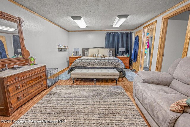 110 Western Ave, Craig, CO 81625 - bedroom with light wood-style flooring, crown molding, a textured ceiling, and a textured wall