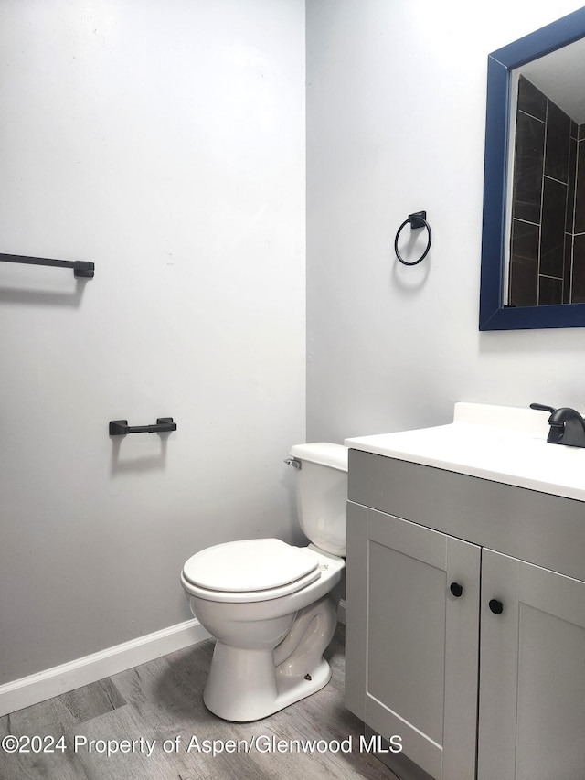 bathroom with vanity, hardwood / wood-style flooring, and toilet