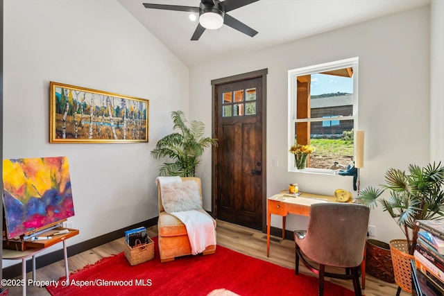 129 Sage Meadow Rd, Glenwood Springs, CO 81601 - sitting room featuring a ceiling fan, lofted ceiling, and wood finished floors