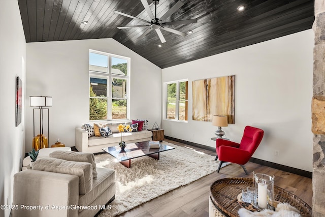 129 Sage Meadow Rd, Glenwood Springs, CO 81601 - living room with wood finished floors, baseboards, ceiling fan, high vaulted ceiling, and wooden ceiling