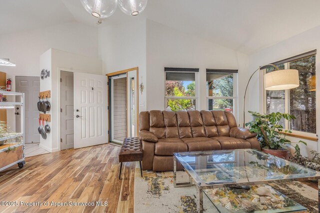 168 Current Dr, New Castle, CO 81647 - living room featuring high vaulted ceiling, light wood-type flooring, and a chandelier