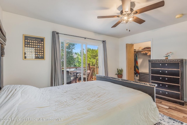168 Current Dr, New Castle, CO 81647 - bedroom with wood finished floors, access to outside, a walk in closet, ceiling fan, and a closet