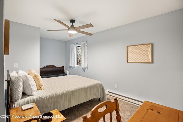 bedroom featuring carpet flooring, ceiling fan, and a baseboard heating unit