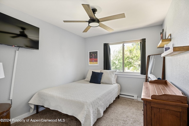 bedroom featuring light carpet, ceiling fan, and a baseboard heating unit