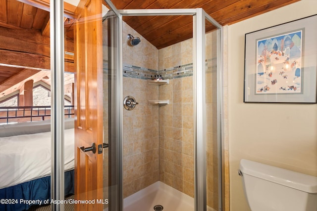 bathroom with toilet, walk in shower, and wood ceiling