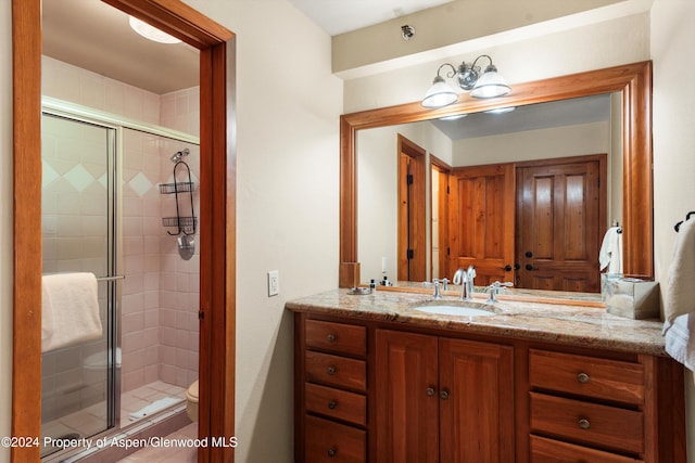 bathroom featuring vanity, toilet, and a shower with shower door