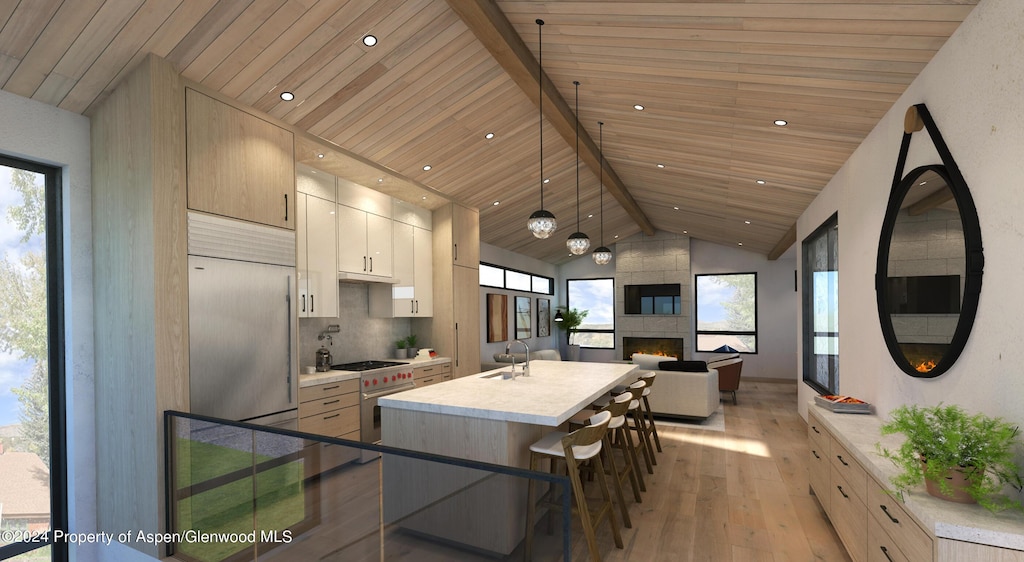 kitchen featuring high quality appliances, a kitchen island with sink, light hardwood / wood-style flooring, a fireplace, and decorative light fixtures