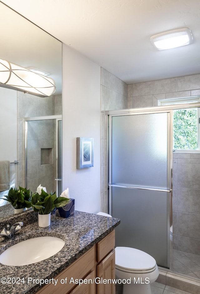 bathroom with vanity, toilet, and a shower with door