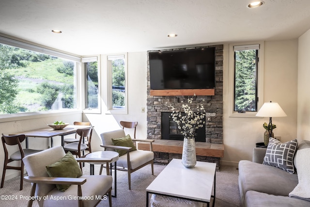 carpeted living room featuring a fireplace and a healthy amount of sunlight