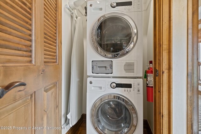 415 E Dean St Week 31, St, Aspen, CO 81611 - clothes washing area with stacked washer and clothes dryer