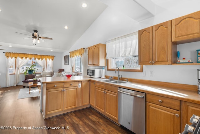 kitchen featuring kitchen peninsula, dark wood-type flooring, lofted ceiling, stainless steel dishwasher, and sink