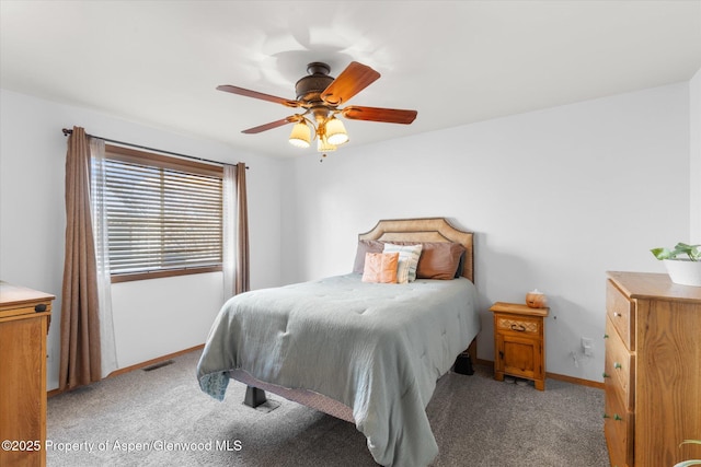 bedroom with ceiling fan and light colored carpet