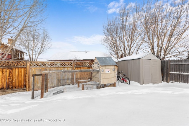 yard covered in snow with a shed