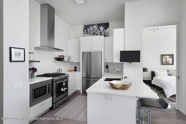 kitchen with wall chimney range hood, light countertops, stainless steel appliances, and a sink