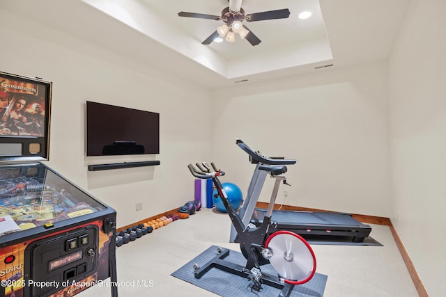 4034 Crystal Bridge Dr, Carbondale, CO 81623 - workout area with baseboards, a ceiling fan, carpet, and a raised ceiling