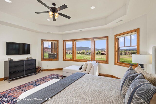 4034 Crystal Bridge Dr, Carbondale, CO 81623 - carpeted bedroom featuring baseboards, recessed lighting, a ceiling fan, and a mountain view