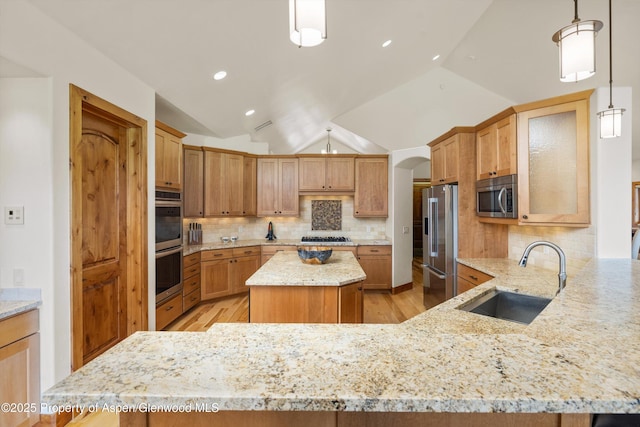 4034 Crystal Bridge Dr, Carbondale, CO 81623 - kitchen featuring a sink, stainless steel appliances, backsplash, light stone countertops, and lofted ceiling