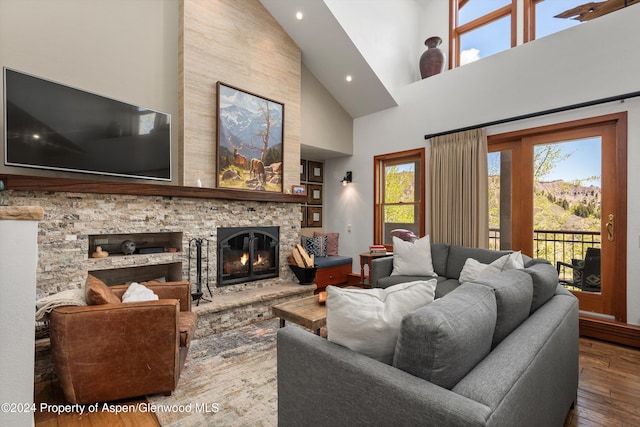 living room with a stone fireplace, high vaulted ceiling, and wood-type flooring