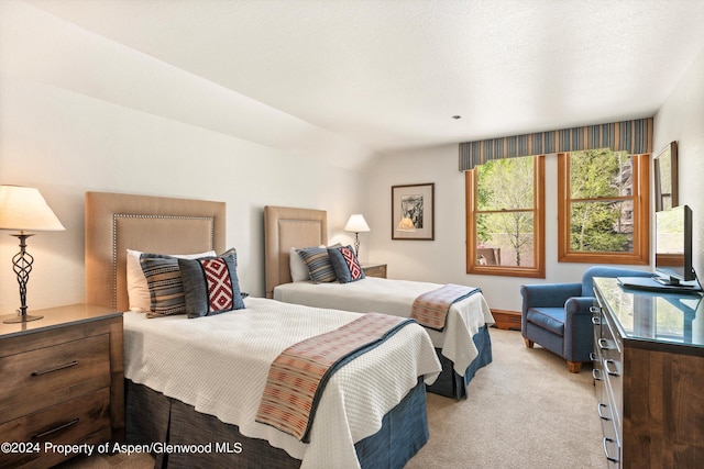 bedroom featuring light colored carpet and vaulted ceiling