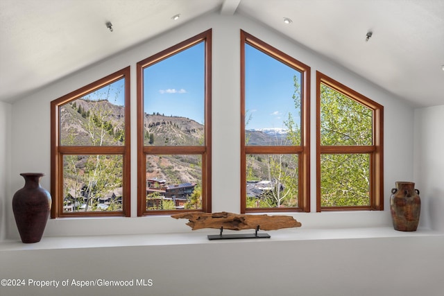 room details featuring beam ceiling and a mountain view