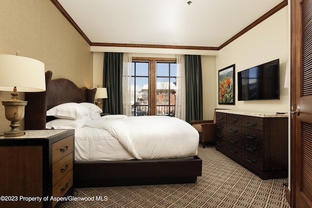 bedroom featuring crown molding and light colored carpet