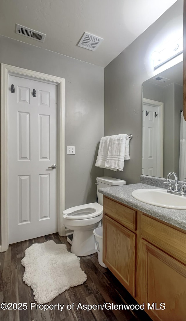 bathroom featuring vanity, wood-type flooring, and toilet