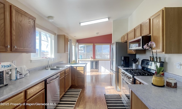 kitchen with sink, vaulted ceiling, light hardwood / wood-style floors, and appliances with stainless steel finishes