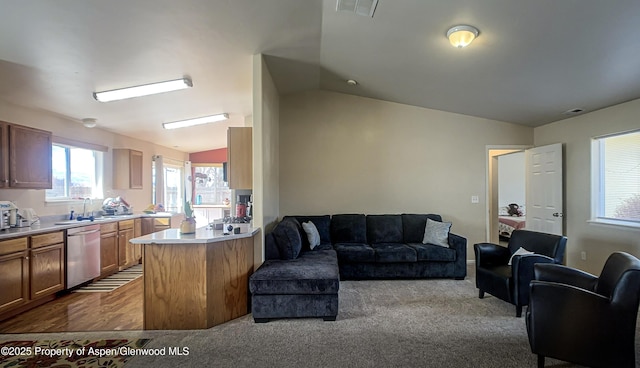 carpeted living room featuring lofted ceiling and sink