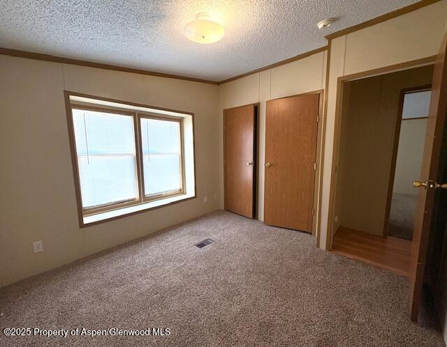 unfurnished bedroom featuring visible vents, multiple closets, ornamental molding, a textured ceiling, and carpet