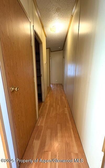 hallway featuring light wood finished floors and a textured ceiling