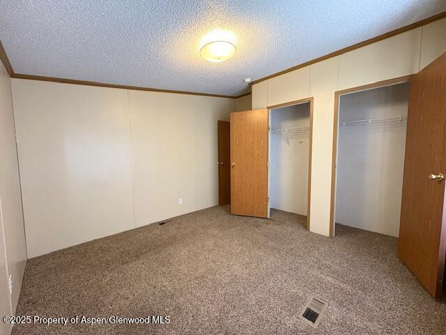 unfurnished bedroom featuring multiple closets, a textured ceiling, carpet floors, and crown molding